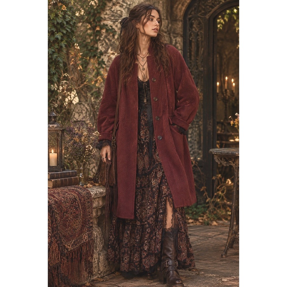 Free People Burgundy Wool Blend Long Coat Boho Whimsigoth Button Front M